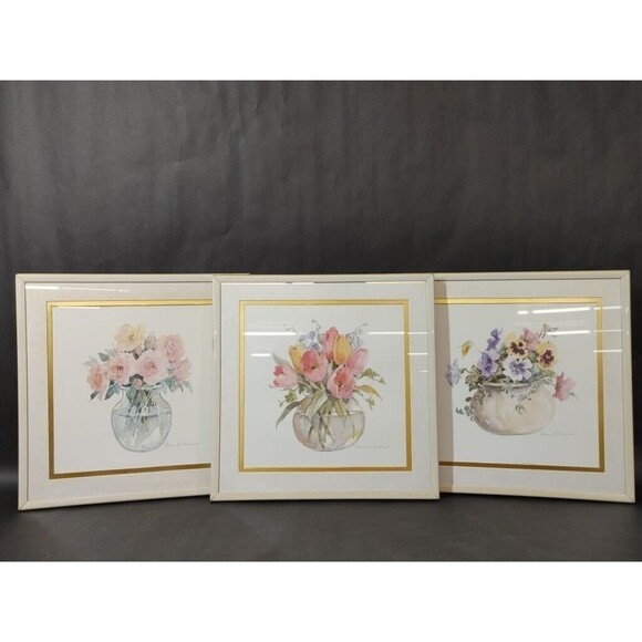 Vintage Rosalind Oesterle Watercolor Floral Framed Art 3pc Set Pre-Owned Decor